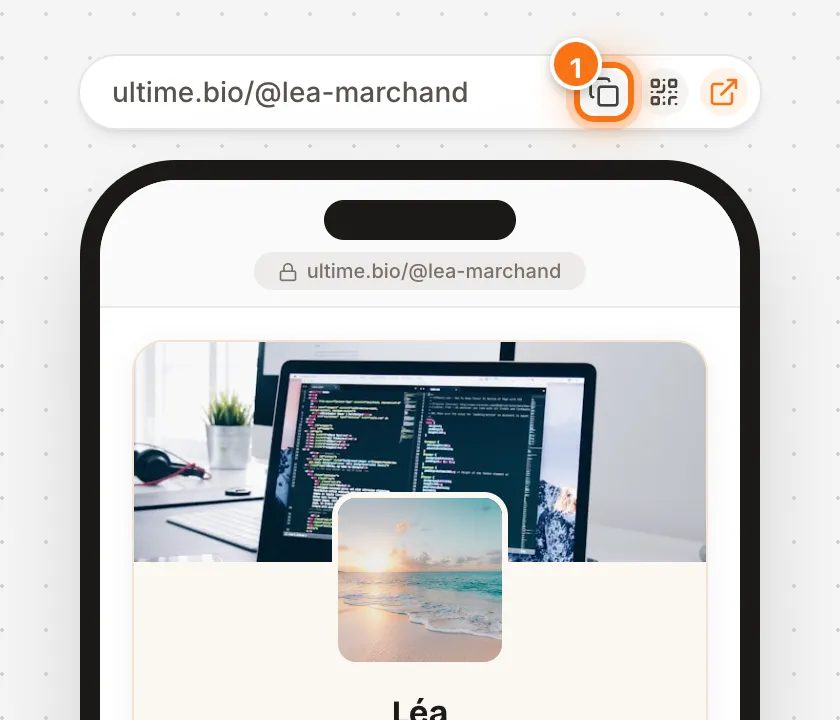 Barre d’adresse du studio ultime.bio/@lea-marchand au-dessus de l’aperçu du téléphone, avec l’icône Copier mise en évidence
