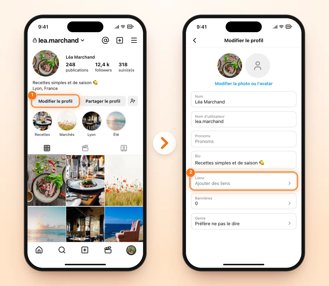Deux écrans Instagram : le profil avec le bouton Modifier le profil mis en évidence, puis l’écran « Modifier le profil » avec l’entrée Liens mise en évidence