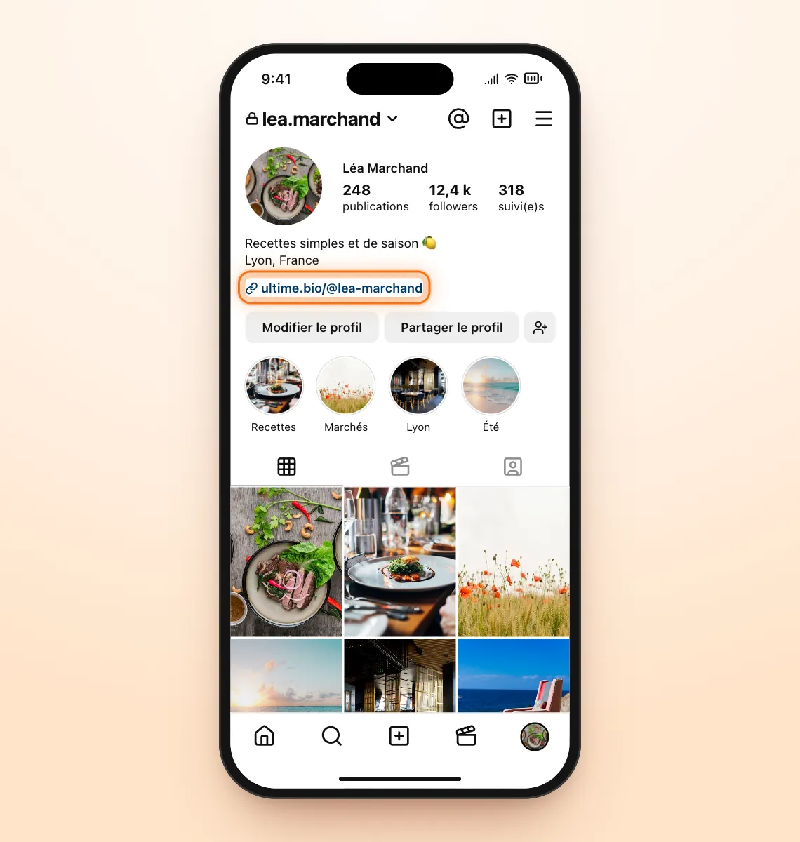Profil Instagram de Léa Marchand avec le lien ultime.bio/@lea-marchand mis en évidence sous la bio