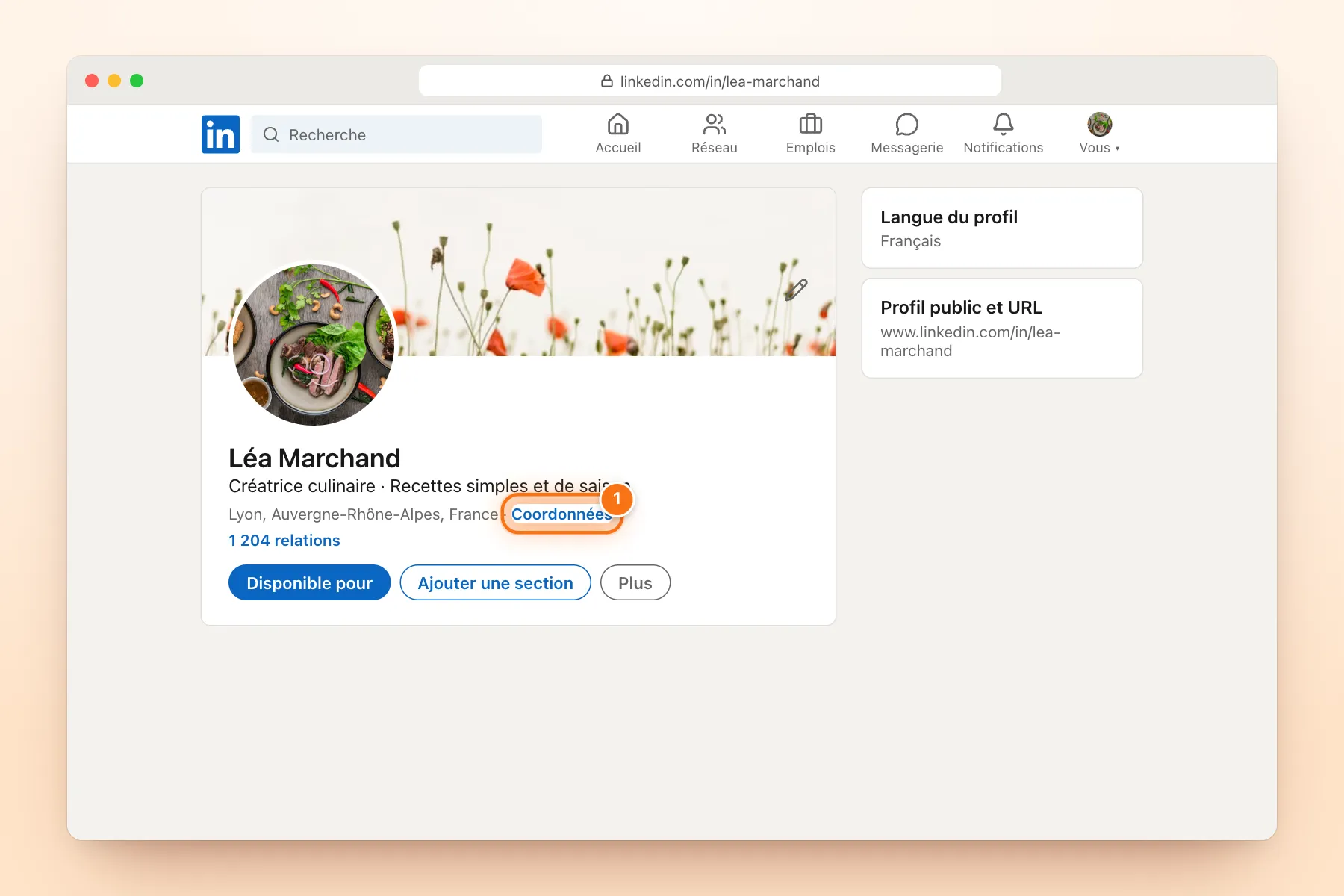 Carte d’introduction du profil LinkedIn de Léa Marchand avec le lien Coordonnées mis en évidence