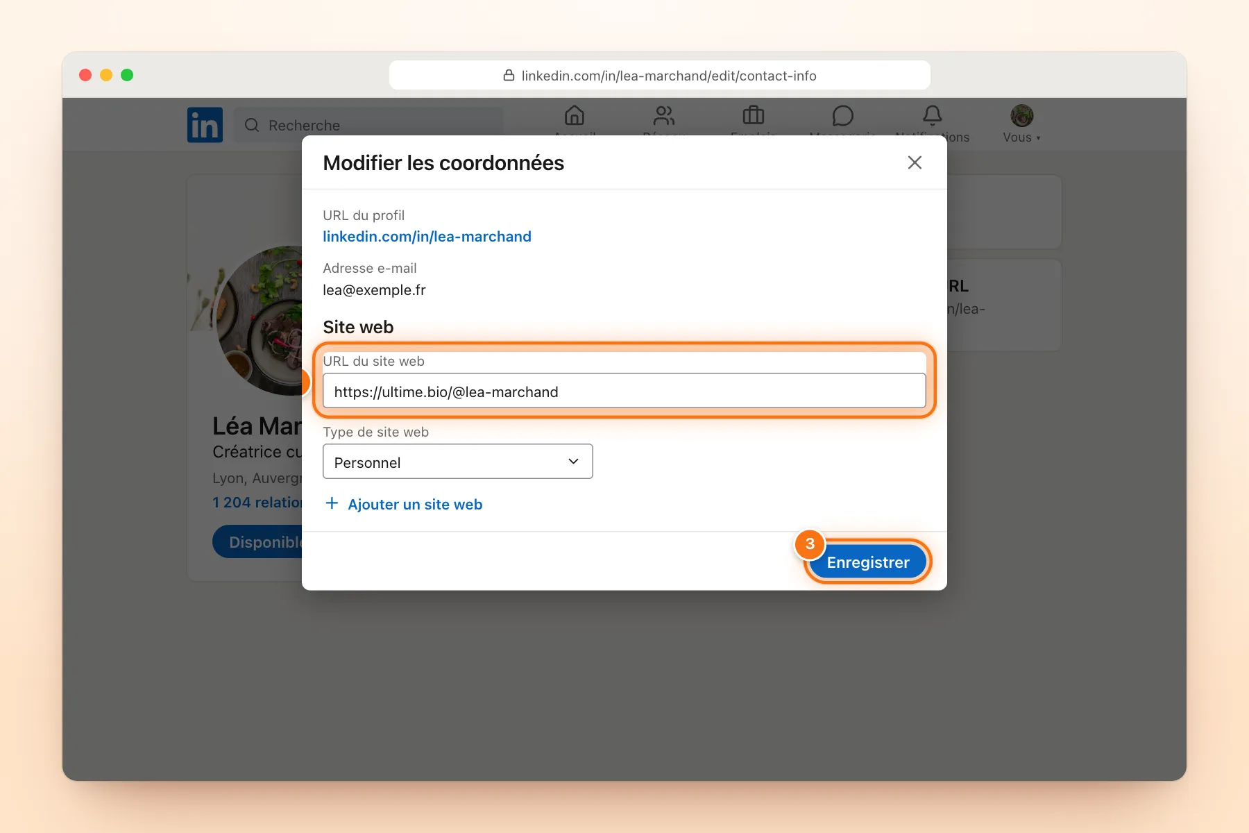 Fenêtre « Modifier les coordonnées » de LinkedIn avec l’URL du site web https://ultime.bio/@lea-marchand, le type Personnel et le bouton Enregistrer mis en évidence
