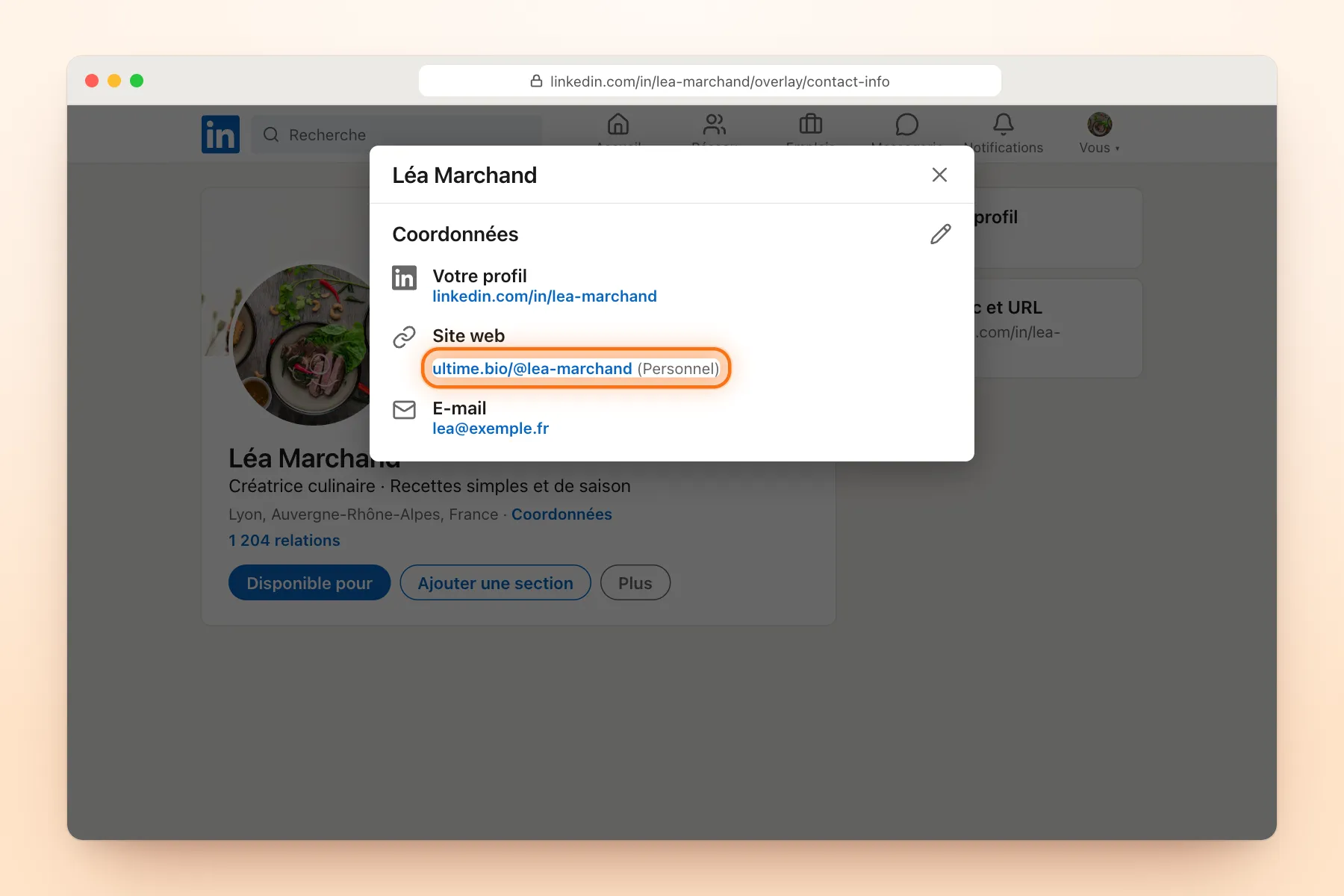 Fenêtre « Coordonnées » du profil LinkedIn avec le site web ultime.bio/@lea-marchand mis en évidence