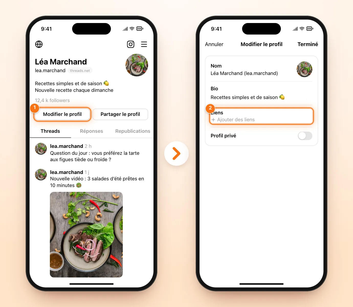Deux écrans Threads : le profil avec le bouton Modifier le profil mis en évidence, puis la fenêtre de modification du profil avec l’entrée Liens mise en évidence