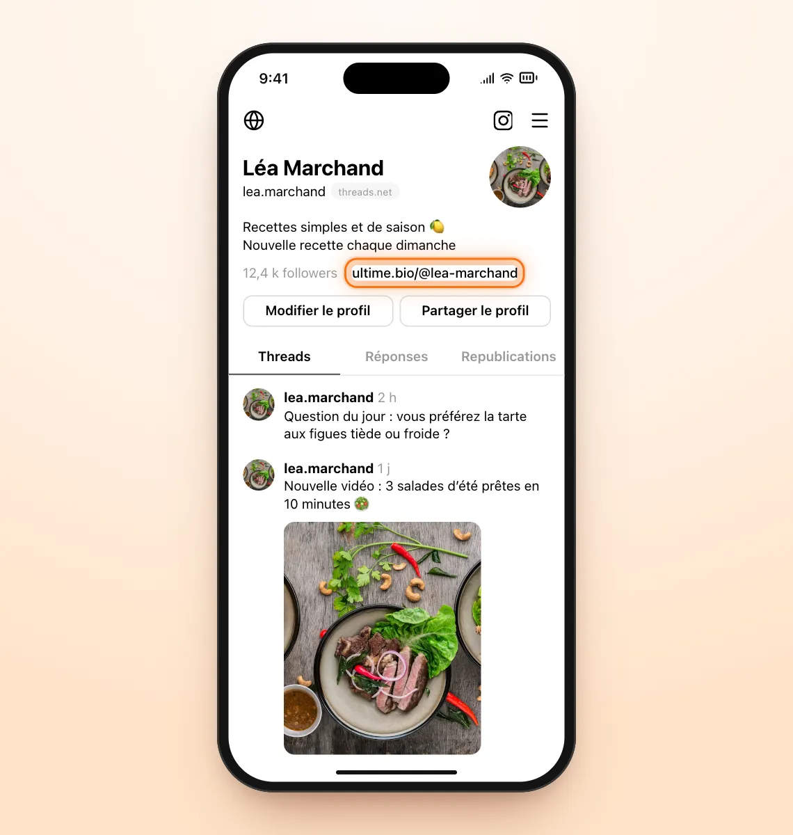 Profil Threads de Léa Marchand avec le lien ultime.bio/@lea-marchand mis en évidence