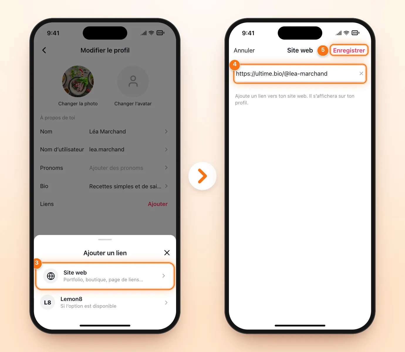 Deux écrans TikTok : le choix « Ajouter un lien » avec Site web mis en évidence, puis le champ du site web rempli avec https://ultime.bio/@lea-marchand et le bouton Enregistrer mis en évidence