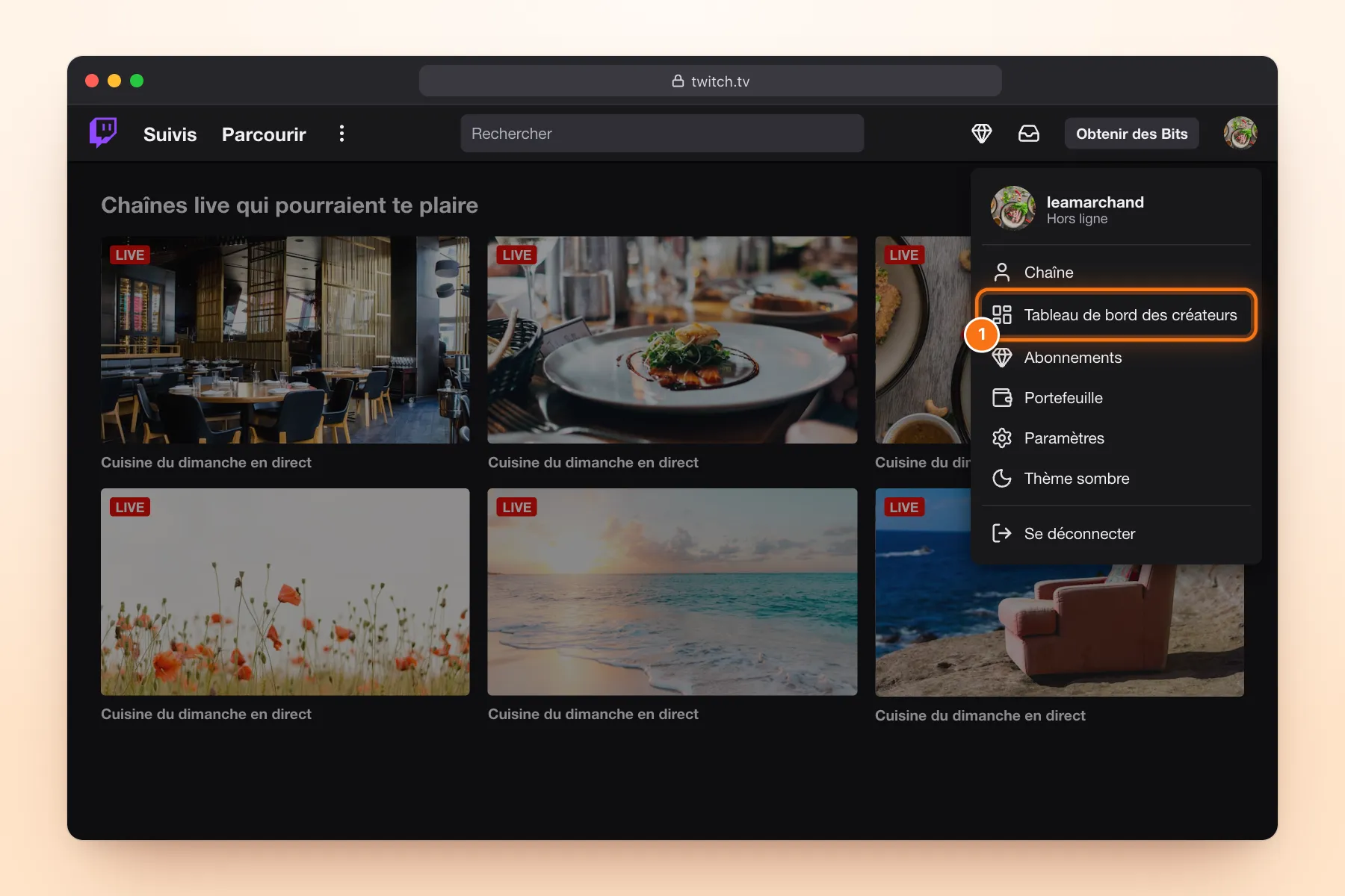 Menu du profil Twitch ouvert avec l’entrée Tableau de bord des créateurs mise en évidence