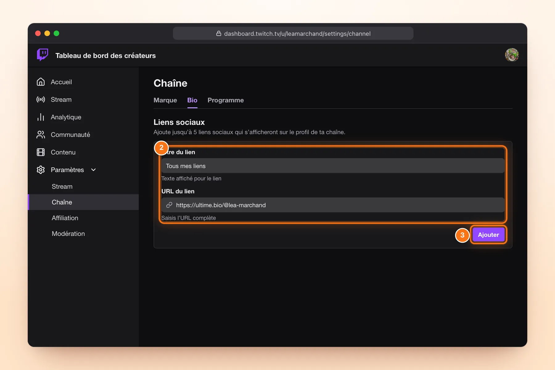 Paramètres de la chaîne Twitch, onglet Bio : formulaire Liens sociaux rempli avec le titre « Tous mes liens » et l’URL https://ultime.bio/@lea-marchand, bouton Ajouter mis en évidence