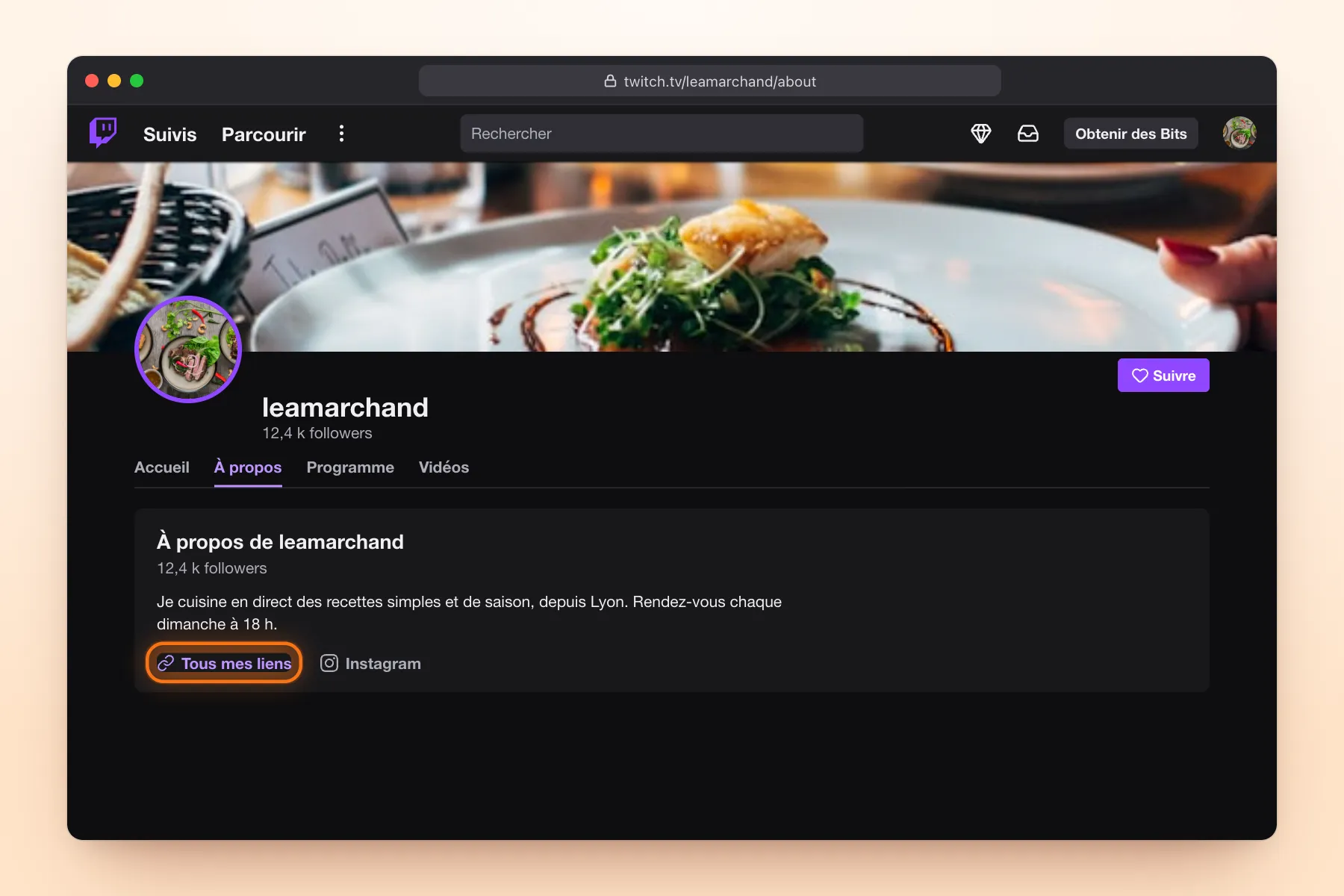 Section « À propos » de la chaîne Twitch de Léa Marchand avec le lien Tous mes liens mis en évidence