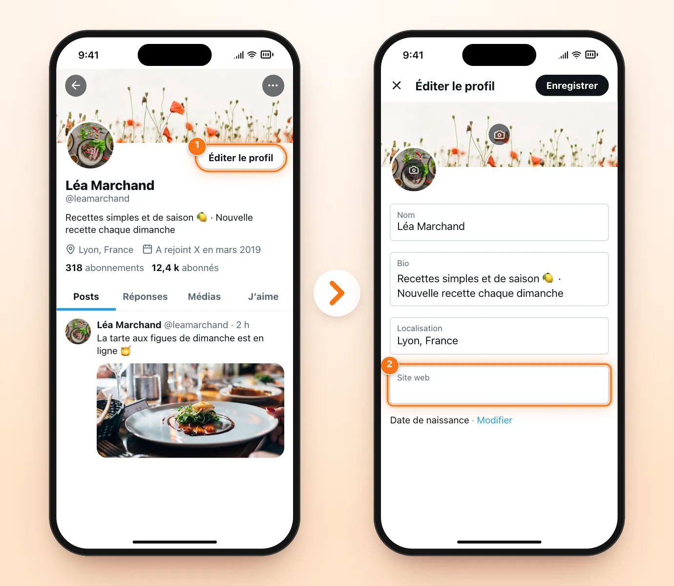 Deux écrans X : le profil avec le bouton Éditer le profil mis en évidence, puis l’écran « Éditer le profil » avec le champ Site web vide mis en évidence
