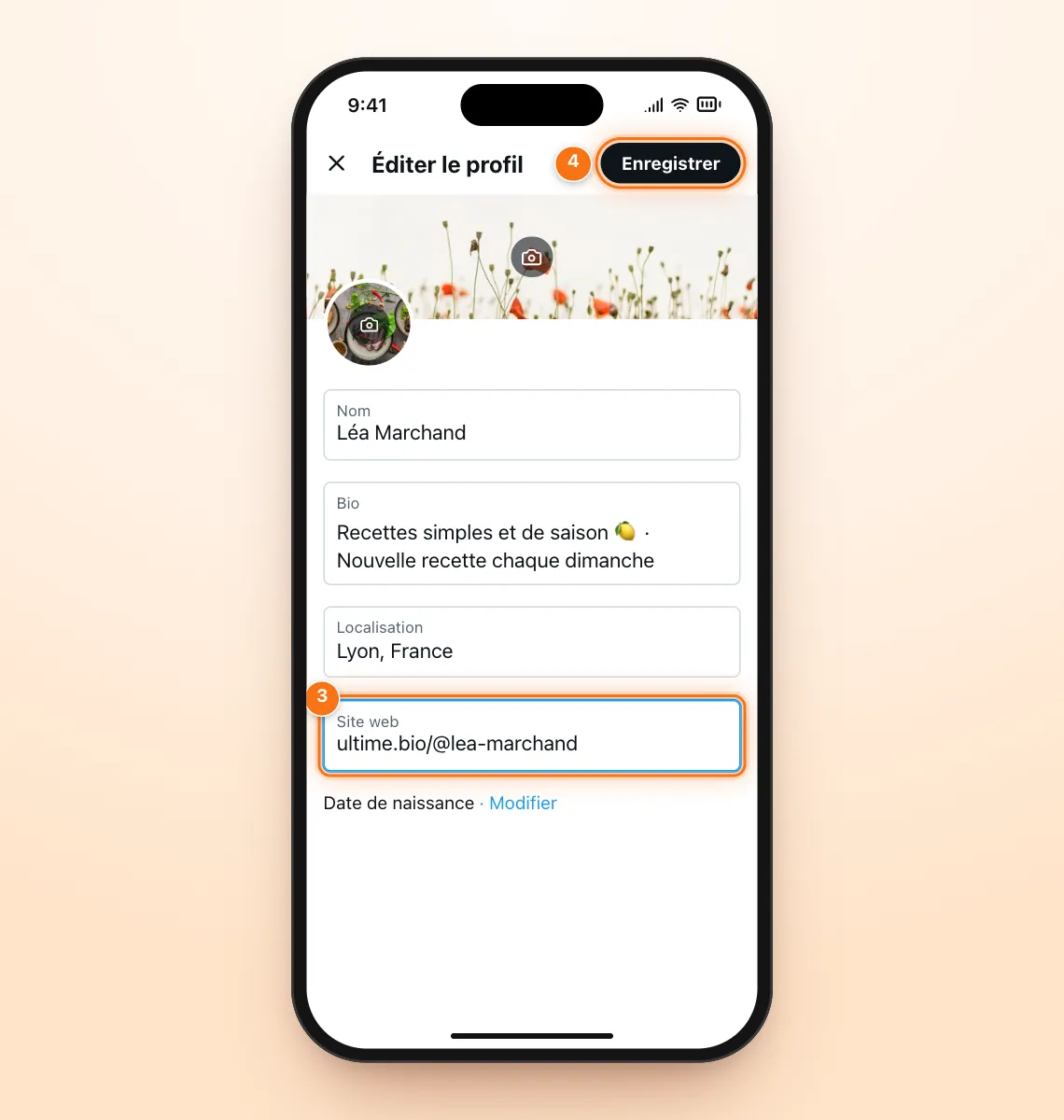 Écran « Éditer le profil » de X avec le champ Site web rempli avec ultime.bio/@lea-marchand et le bouton Enregistrer mis en évidence
