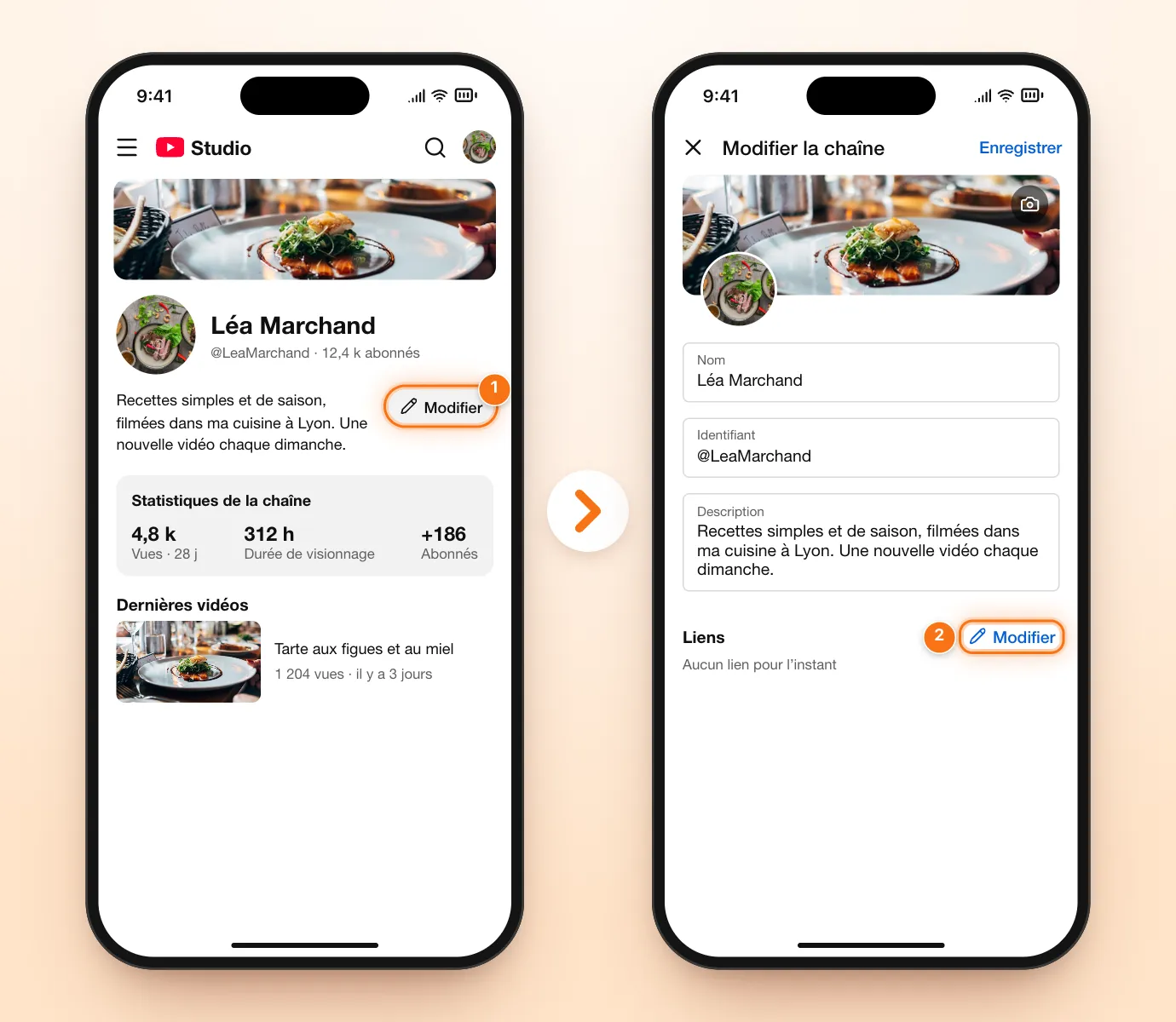 Deux écrans de l’application YouTube Studio : la chaîne avec le bouton Modifier à côté de la description mis en évidence, puis l’écran « Modifier la chaîne » avec le bouton Modifier de la section Liens mis en évidence