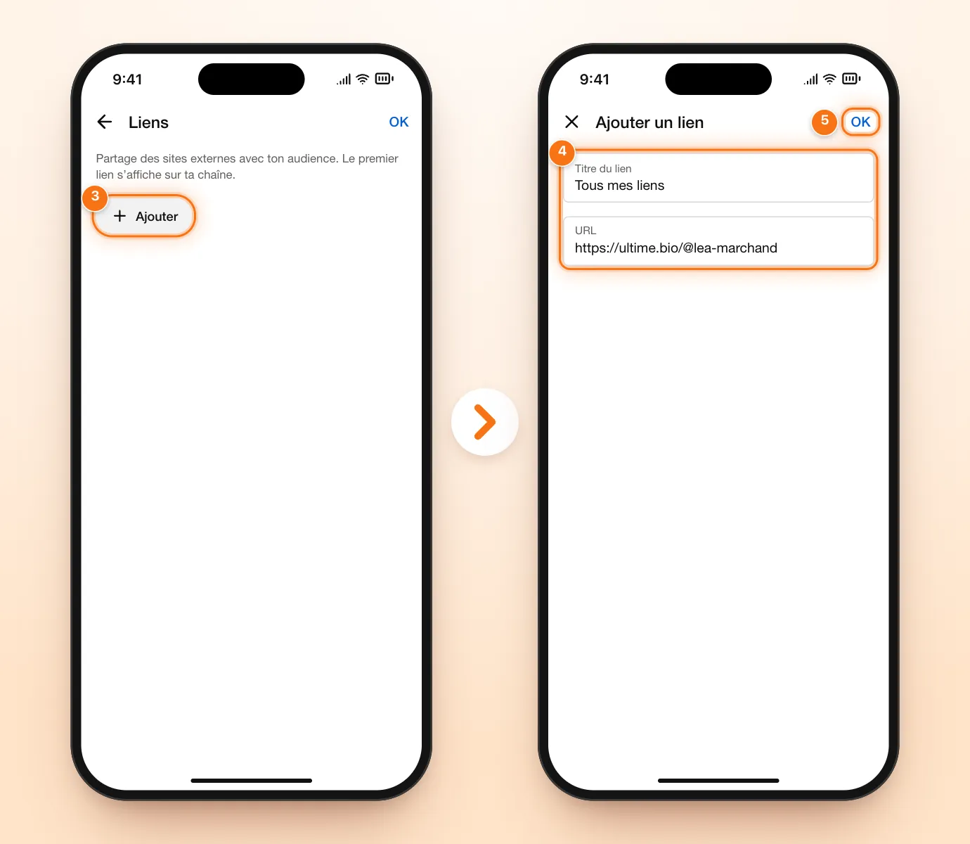 Deux écrans de l’application YouTube Studio : la section « Liens » avec Ajouter mis en évidence, puis le formulaire rempli avec le titre « Tous mes liens » et l’URL https://ultime.bio/@lea-marchand, bouton OK mis en évidence