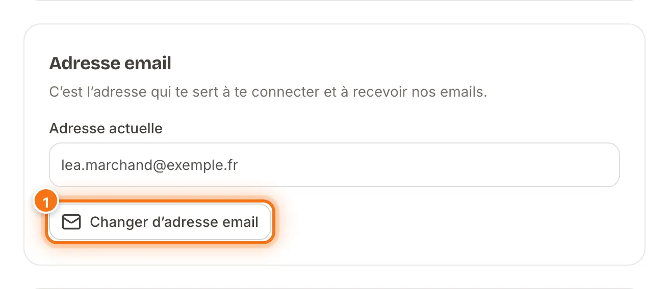 Carte Adresse email de la page Profil avec l’adresse actuelle et le bouton Changer d’adresse email mis en évidence