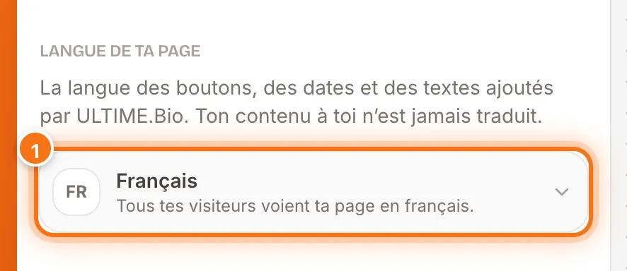 Onglet Réglages du studio avec la partie « Langue de ta page » et son bouton mis en évidence