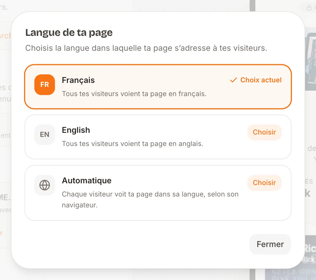 Fenêtre « Langue de ta page » avec les trois choix Français, English et Automatique
