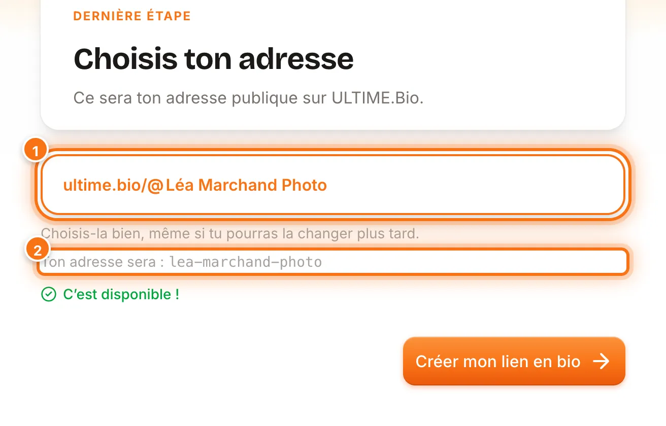 Champ d’adresse rempli avec « Léa Marchand Photo », la ligne Ton adresse sera : lea-marchand-photo et le message C’est disponible