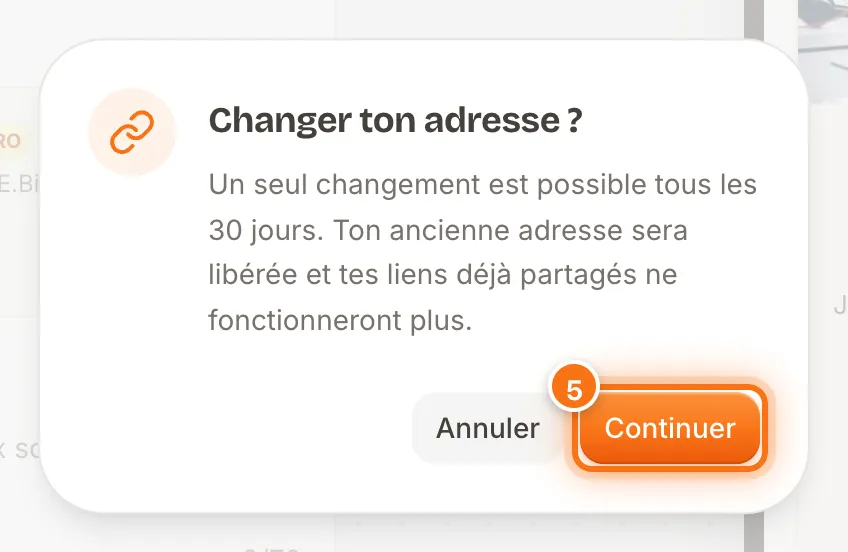 Fenêtre « Changer ton adresse ? » avec le bouton Continuer mis en évidence