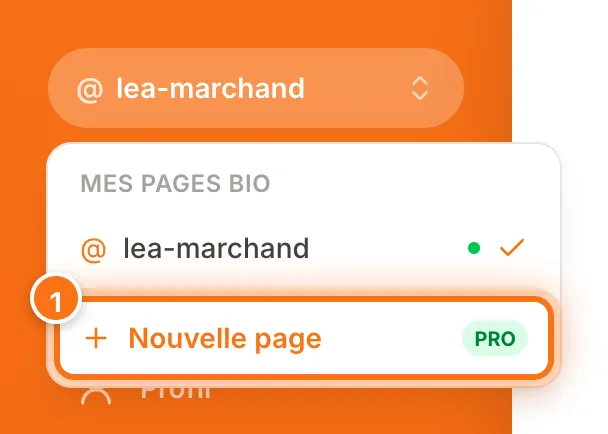 Sélecteur de pages ouvert avec la liste Mes pages bio et le bouton Nouvelle page accompagné du badge PRO