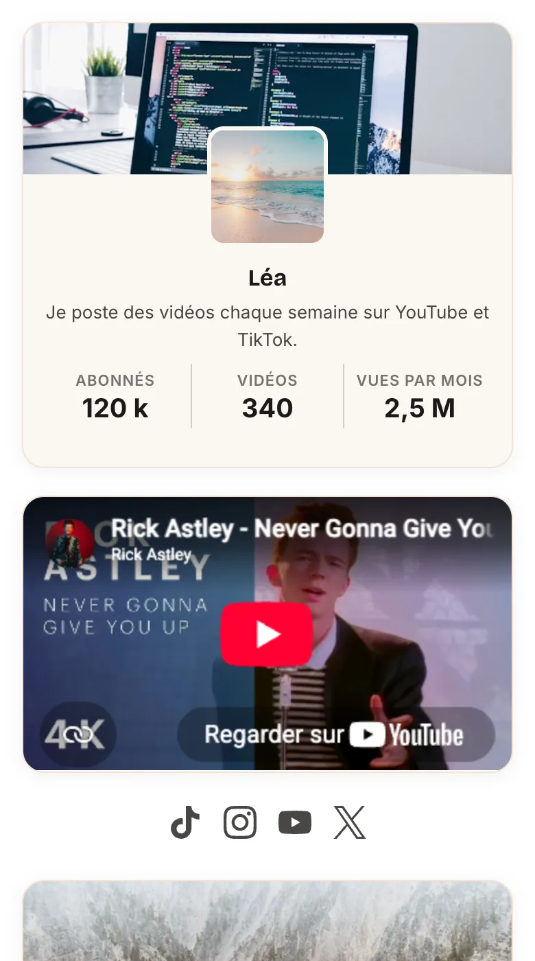 Page bio publiée affichée sur un téléphone, avec le profil, une vidéo et les réseaux sociaux
