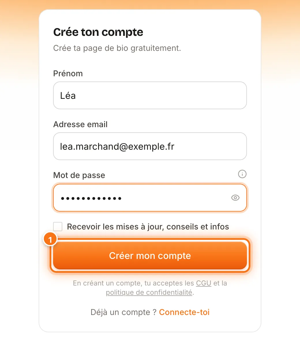 Formulaire « Crée ton compte » rempli avec un prénom, une adresse email et un mot de passe, le bouton Créer mon compte mis en évidence