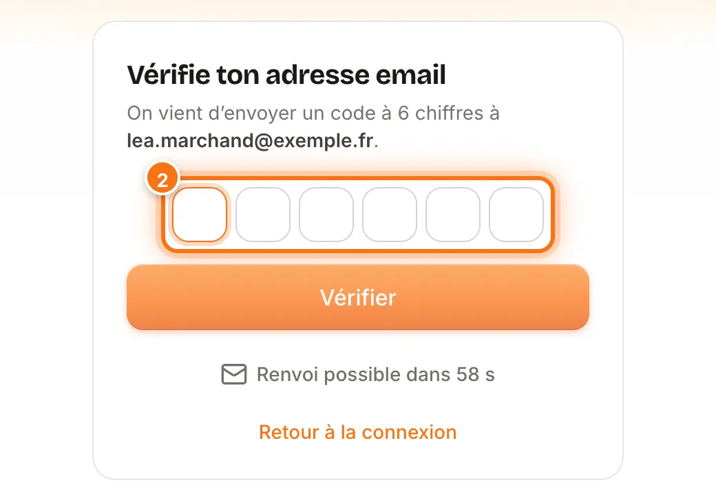 Écran « Vérifie ton adresse email » avec les six cases du code de vérification mises en évidence