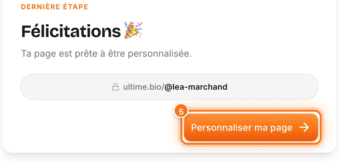 Écran « Félicitations » avec l’adresse ultime.bio/@lea-marchand et le bouton Personnaliser ma page mis en évidence