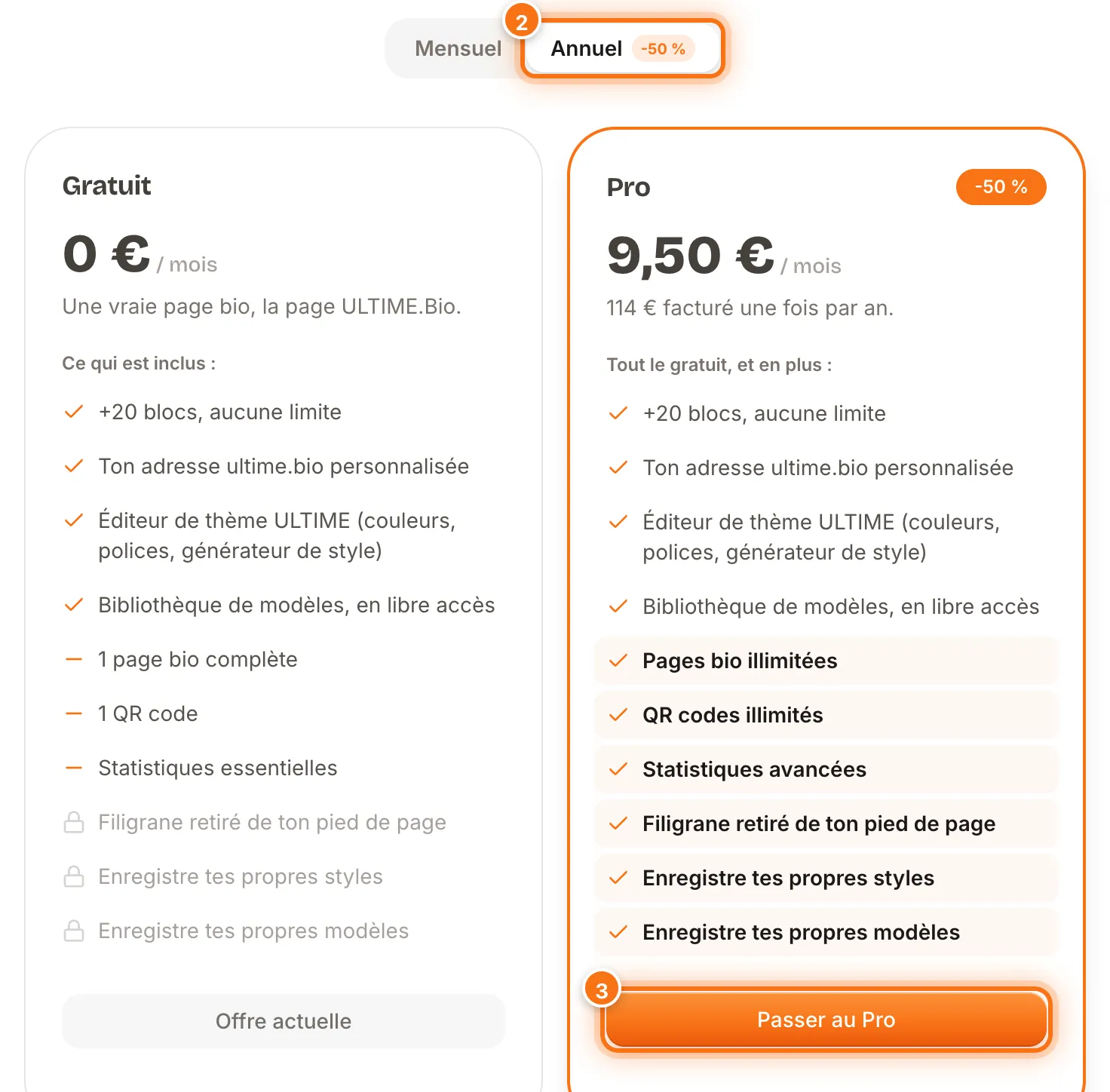 Offres Gratuit et Pro avec l’option Annuel à 9,50 € par mois et le bouton Passer au Pro mis en évidence
