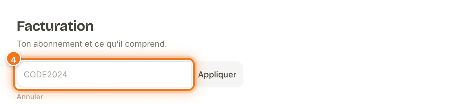 Champ de code promo ouvert sous le titre Facturation, avec le bouton Appliquer