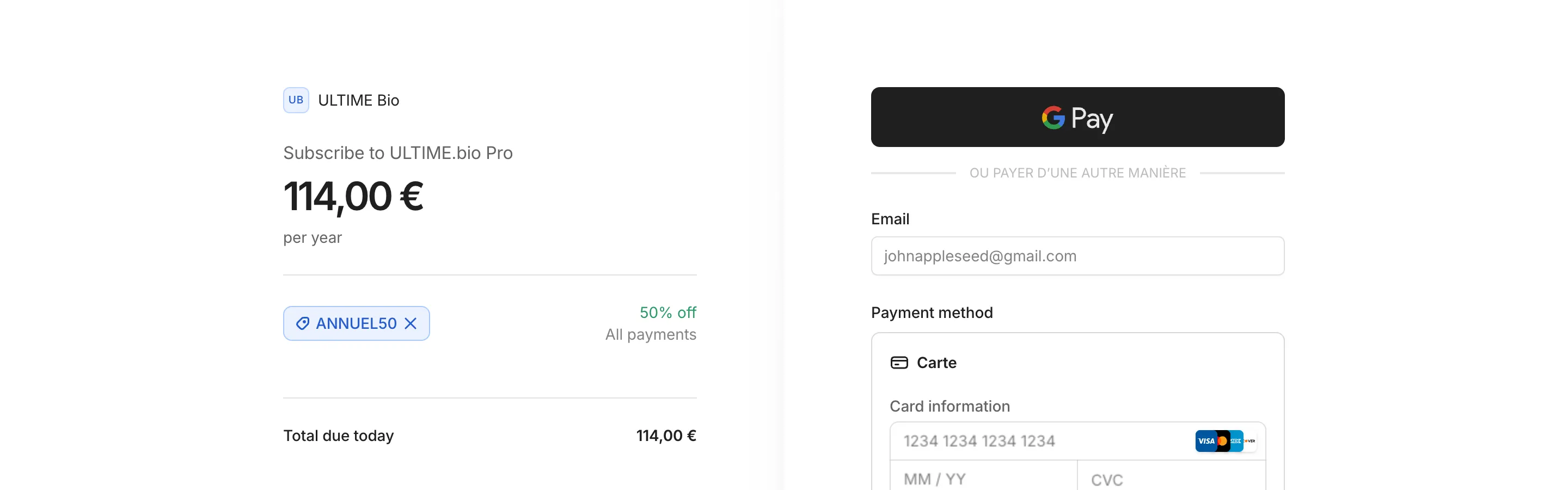 Page de paiement sécurisée, gérée par Whop, pour l’abonnement Pro d’ULTIME.Bio