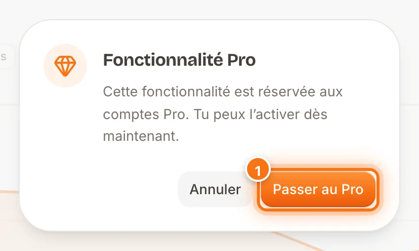 Fenêtre « Fonctionnalité Pro » ouverte après un clic sur 90 jours, avec le bouton Passer au Pro mis en évidence