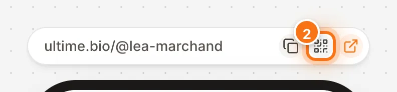 Barre d’adresse du studio ultime.bio/@lea-marchand avec l’icône QR code mise en évidence