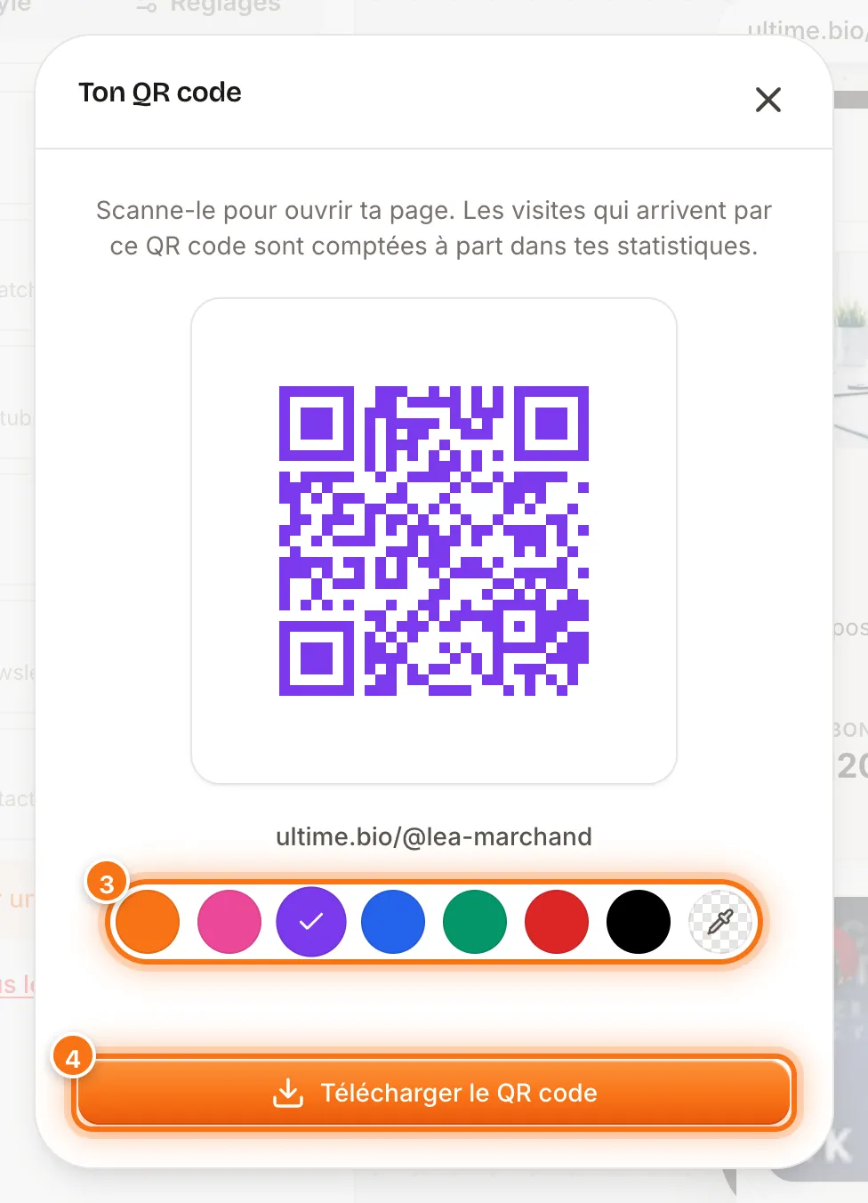 Fenêtre « Ton QR code » avec un QR code violet, la rangée de couleurs et le bouton Télécharger le QR code mis en évidence