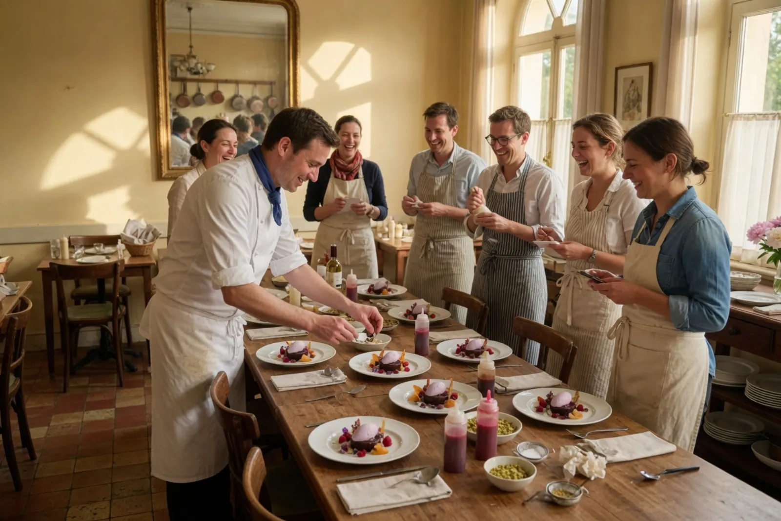 Un chef en veste blanche montre à six adultes en tablier comment dresser une assiette de dessert, sur une grande table en bois dans la salle d’un restaurant, l’après-midi