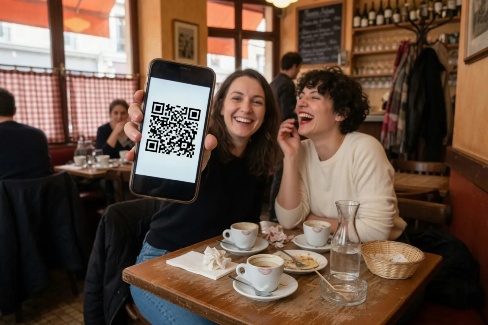 Dans un bistrot parisien, une cliente souriante montre sur son téléphone le QR code d’une carte cadeau, à côté de son amie qui rit, devant des tasses de café vides