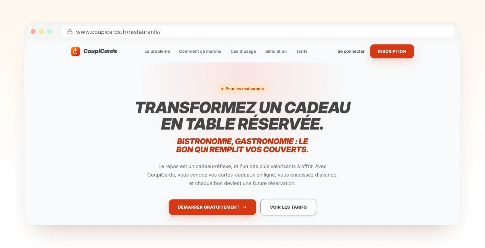 Capture de la page www.coupicards.fr/restaurants : « Transformez un cadeau en table réservée. Bistronomie, gastronomie : le bon qui remplit vos couverts. »