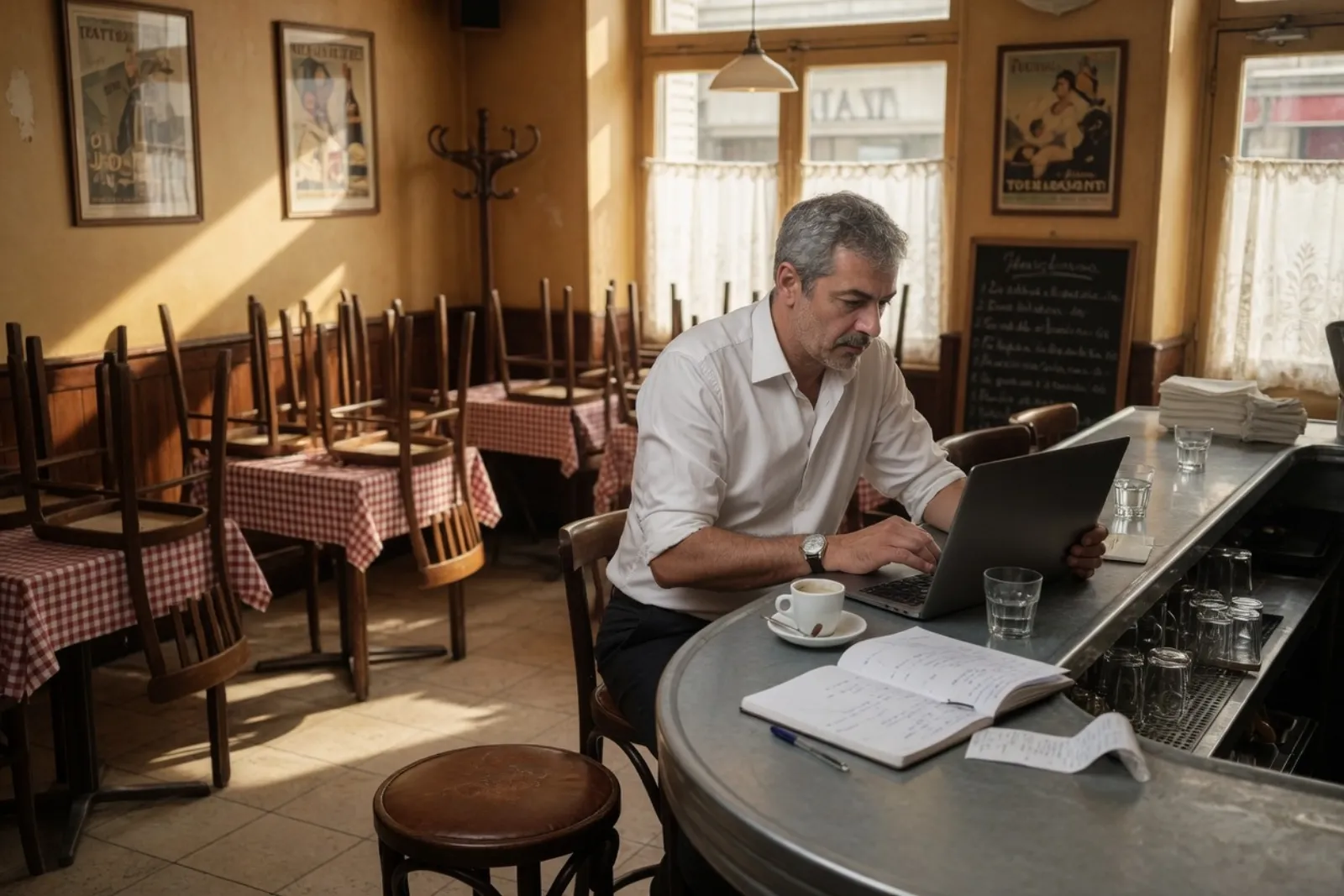 Un restaurateur tape un message sur son ordinateur portable, seul au comptoir de son bistrot vide l’après-midi, avec un expresso et un carnet, les chaises retournées sur les tables