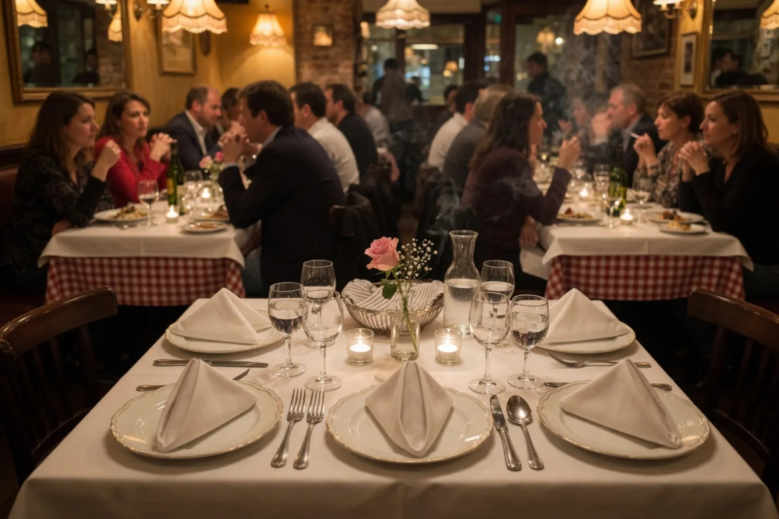 Une table pour quatre dressée et vide au premier plan, dans un bistrot plein un soir, où toutes les autres tables sont occupées