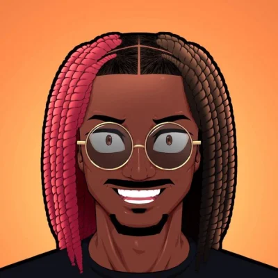 Avatar illustré du Dev ULTIME : tresses rouges et brunes, lunettes rondes dorées, grand sourire, sur fond orange