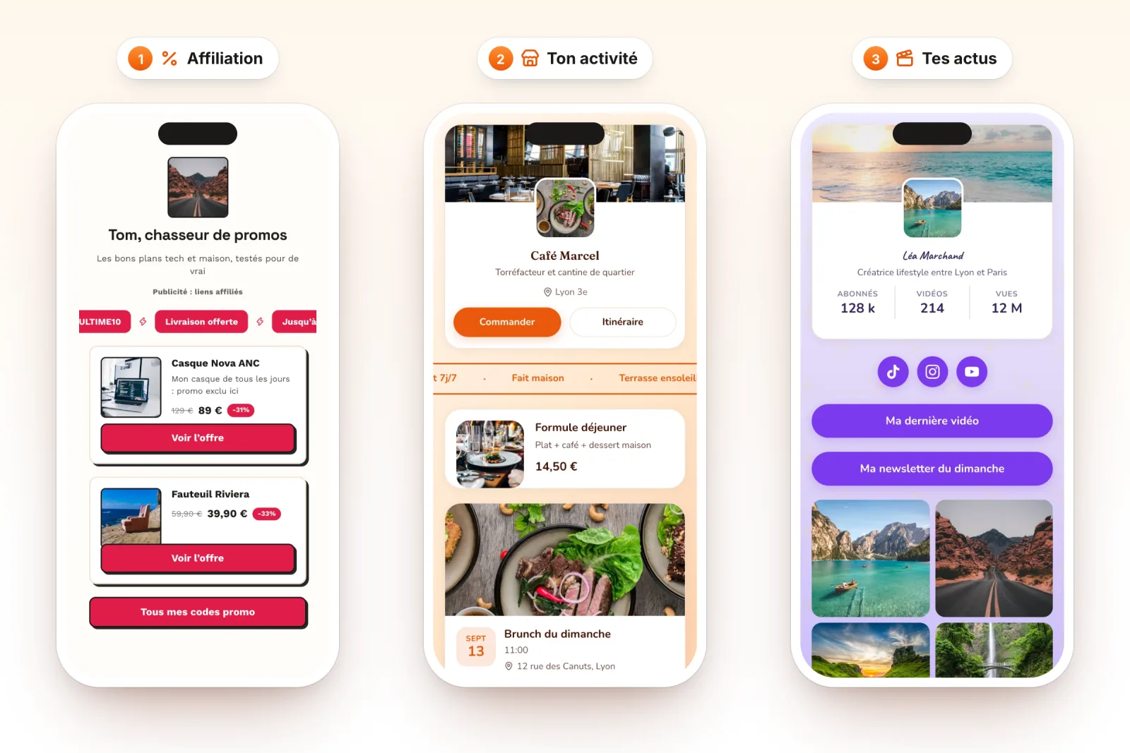 Trois téléphones avec des pages ULTIME.Bio d’exemple : Affiliation (Tom, chasseur de promos, avec la mention Publicité, ses codes et ses offres), Ton activité (Café Marcel à Lyon, avec formule déjeuner et brunch) et Tes actus (Léa Marchand, créatrice lifestyle, avec sa dernière vidéo)