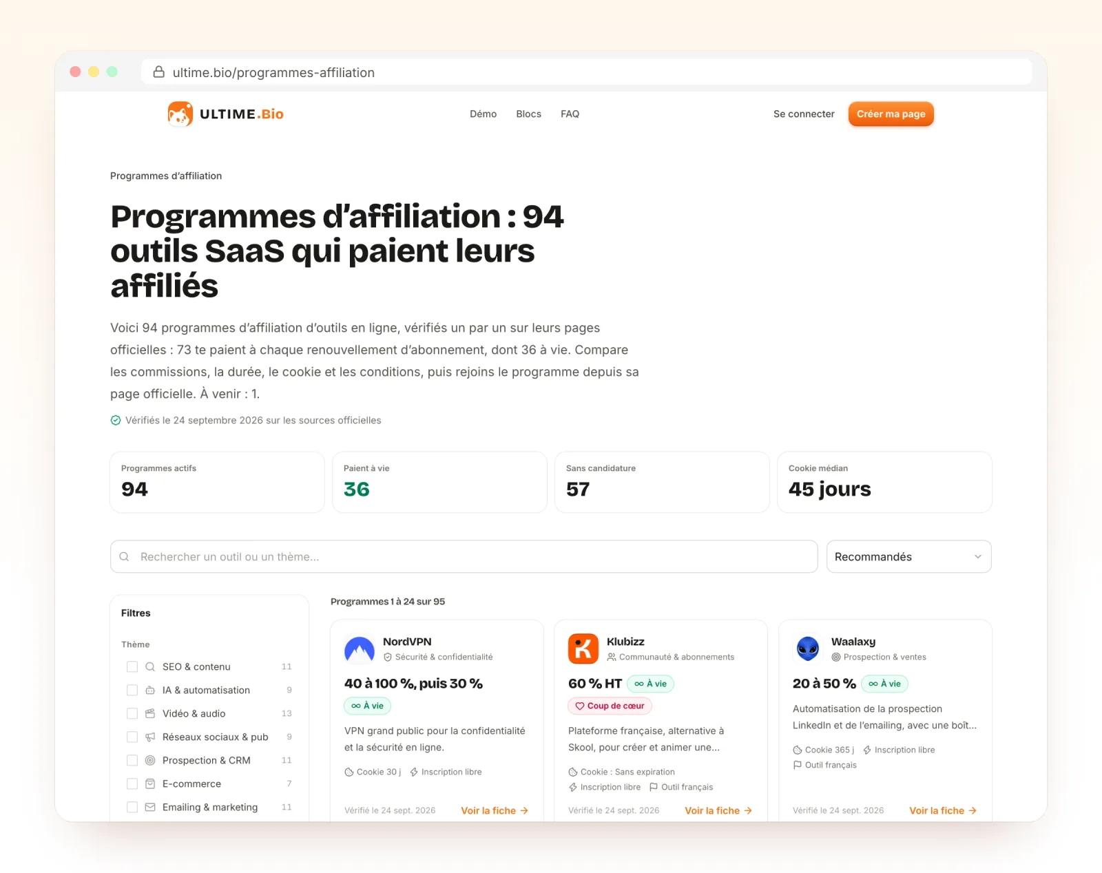 Capture de l’annuaire des programmes d’affiliation d’ULTIME.Bio : 94 programmes actifs, dont 36 qui paient à vie, la recherche, les filtres par thème et les premières fiches (NordVPN, Klubizz, Waalaxy) avec leur commission, leur durée et leur cookie