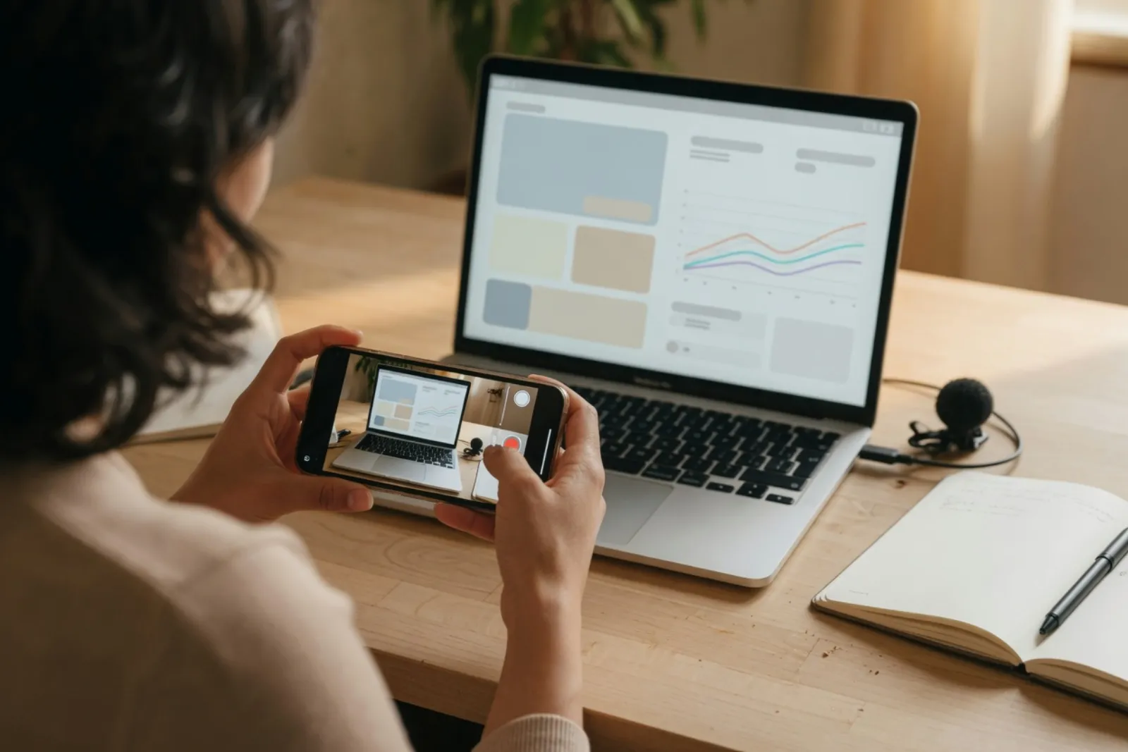 Vue par-dessus l’épaule, sans visage : deux mains tiennent un téléphone à l’horizontale et filment l’écran d’un ordinateur portable qui affiche un logiciel, avec un micro-cravate et un carnet sur le bureau