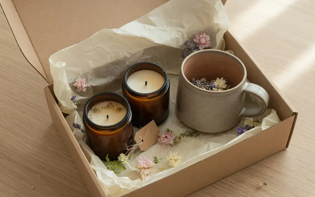 Un carton kraft ouvert, avec deux bougies en pot ambré et une tasse en grès calées dans du papier de soie et des fleurs séchées, posé sur une table en chêne