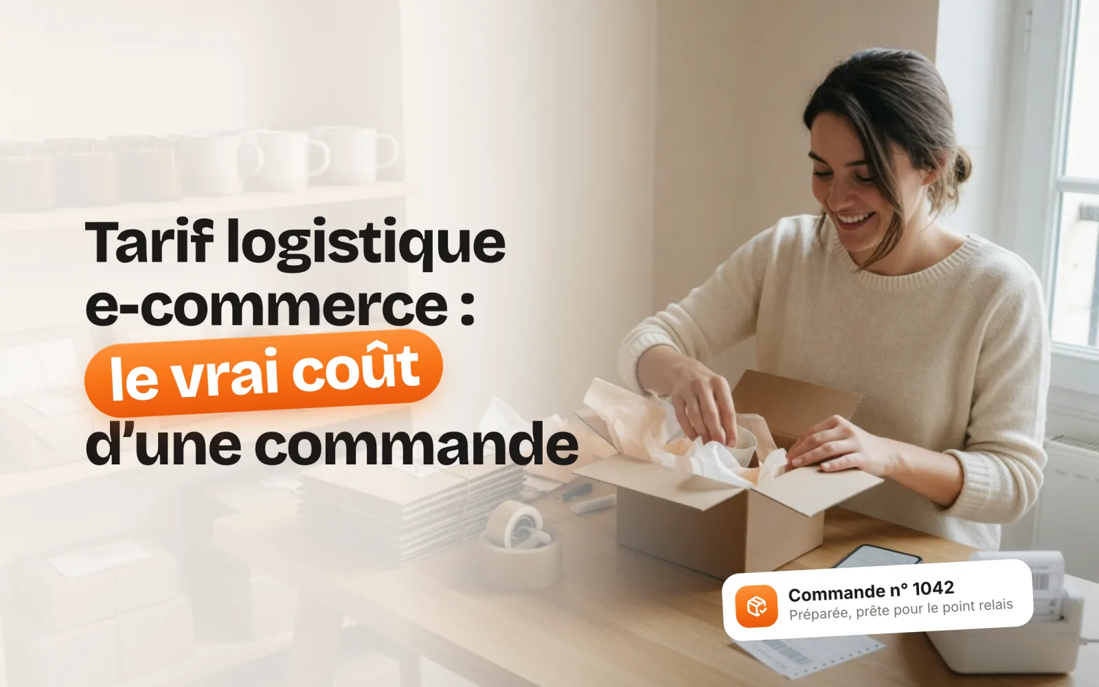 Couverture : « Tarif logistique e-commerce : le vrai coût d’une commande », sur la photo d’une jeune femme souriante qui emballe une commande dans un carton kraft, devant des étagères de colis prêts à partir, avec l’encart « Commande n° 1042 : préparée, prête pour le point relais »