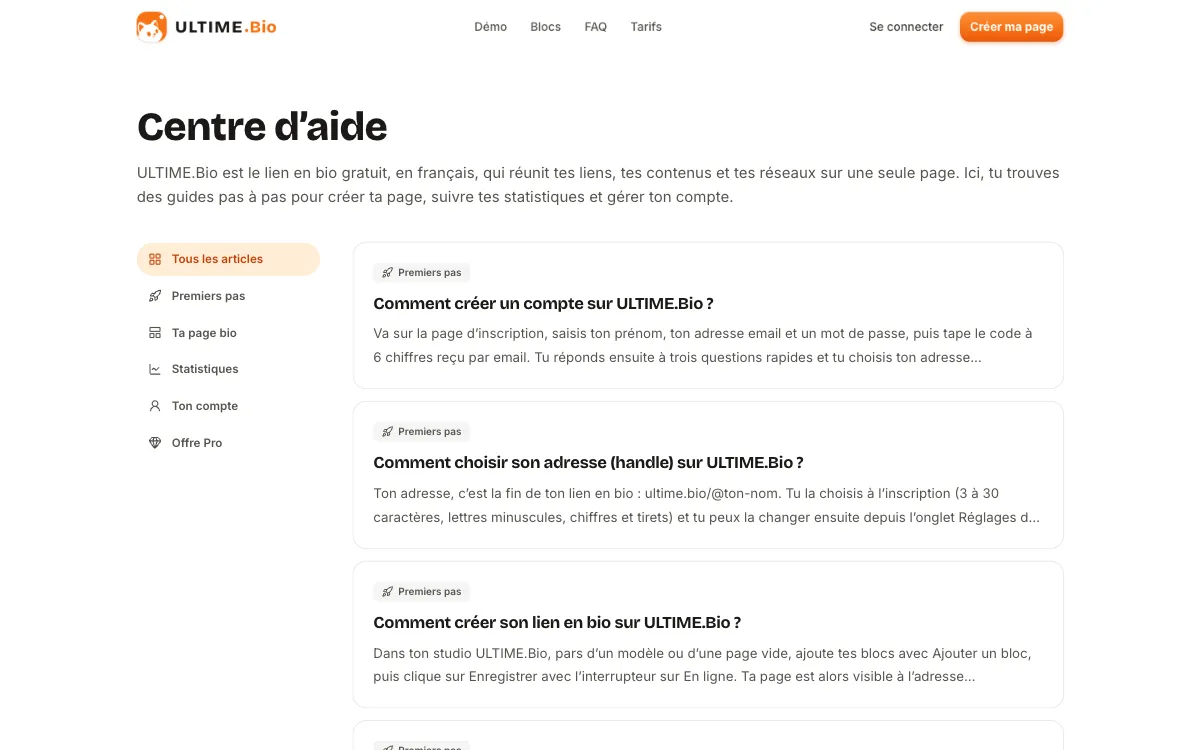 Page d’accueil du centre d’aide, avec ses catégories et ses premiers articles