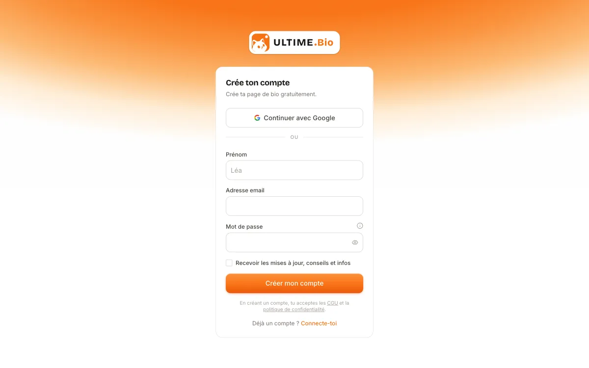 Écran « Crée ton compte » avec le bouton « Continuer avec Google » au-dessus du formulaire