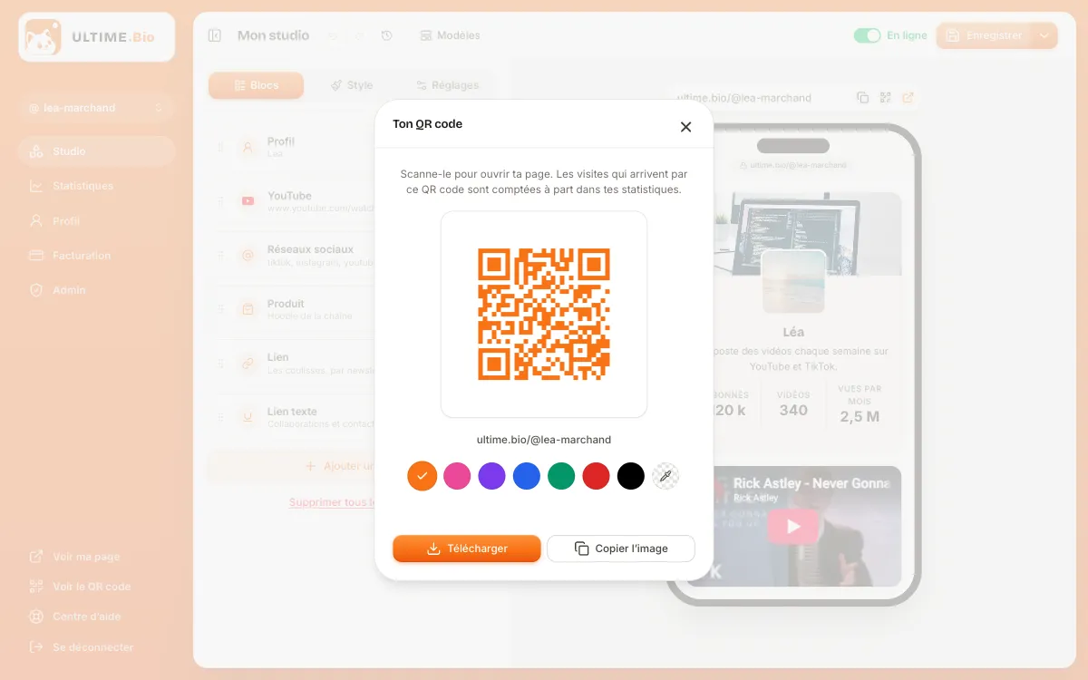 Fenêtre du QR code du studio, avec le bouton « Copier l’image »