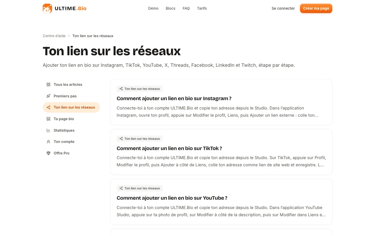 Catégorie « Ton lien sur les réseaux » du centre d’aide, avec la liste des guides par réseau
