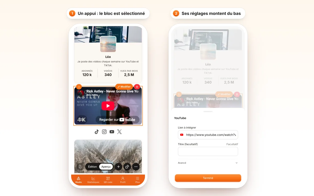Le studio sur téléphone : à gauche un bloc sélectionné dans l’aperçu plein écran, à droite ses réglages ouverts dans un panneau monté du bas