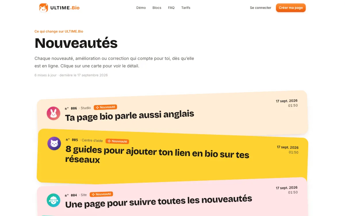 Page « Nouveautés » avec sa pile de cartes colorées, une par nouveauté