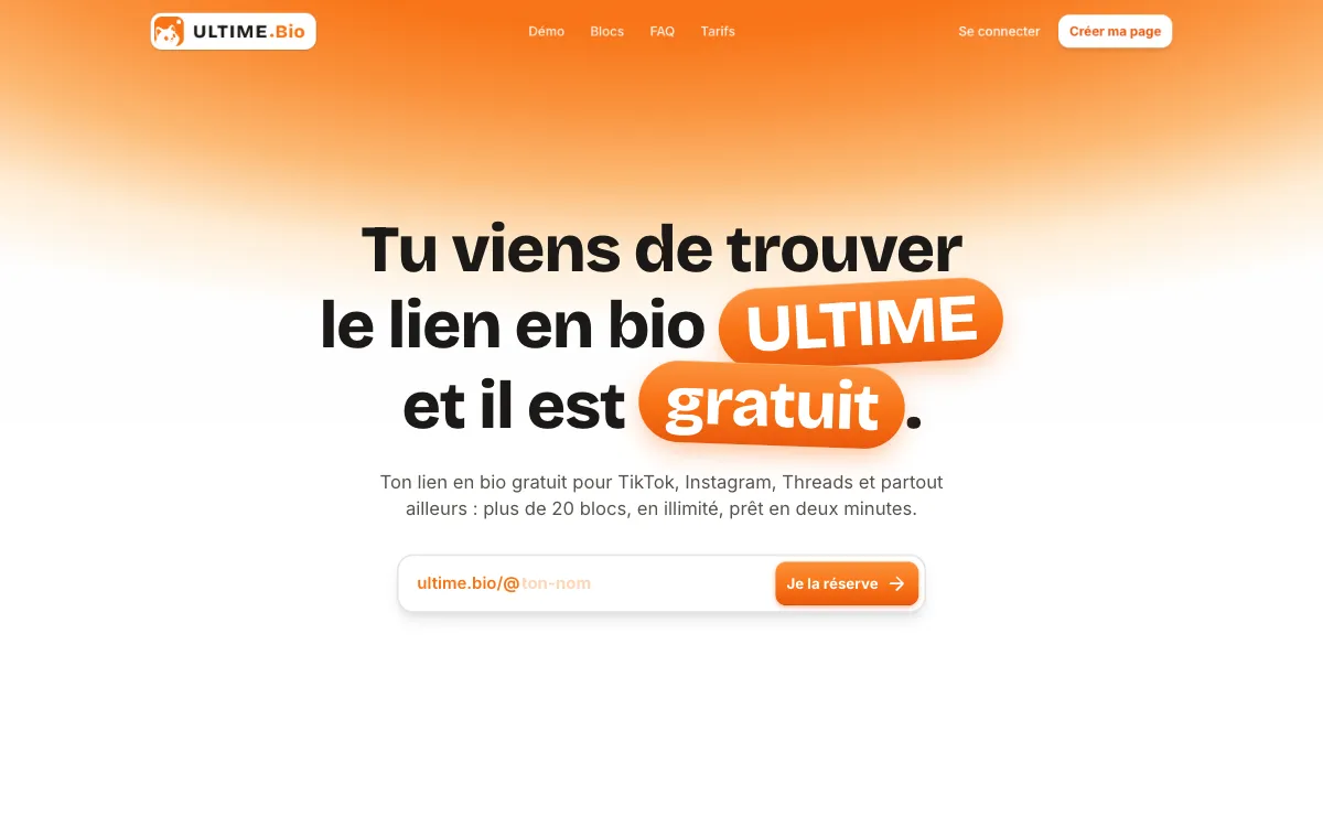 Page d’accueil de ULTIME.Bio, avec son titre et le champ pour réserver son adresse